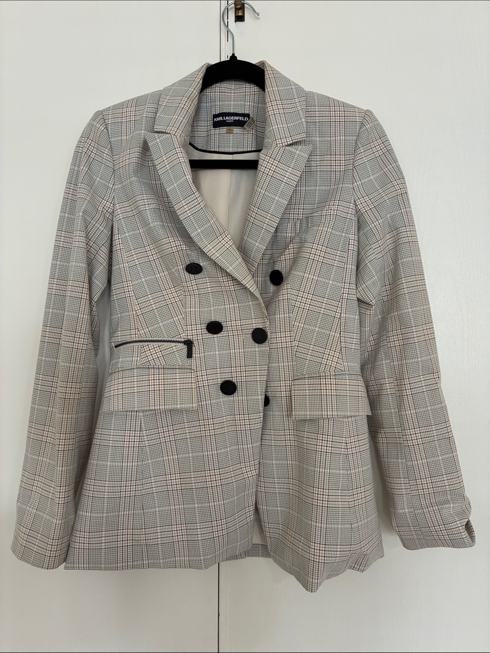 Karl Lagerfeld Gray Plaid Double-Breasted Blazer with Black Buttons